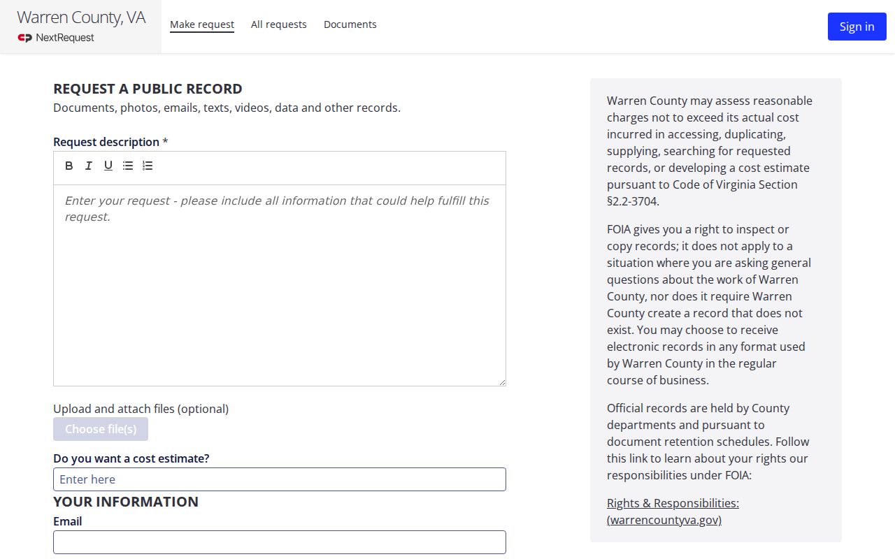 Warren County FOIA request form with requester and record-description fields