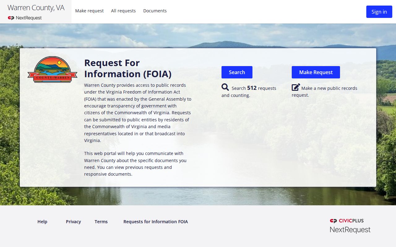 Warren County FOIA portal with search and make-request controls