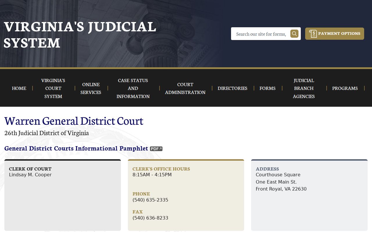 Warren General District Court page with clerk details and public docket schedule
