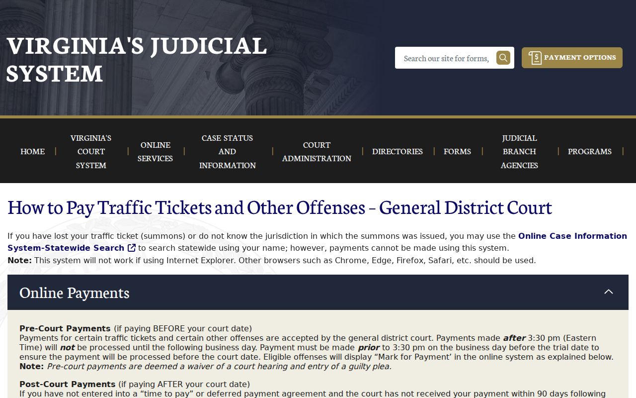 Virginia General District Court payment search and deadline instructions