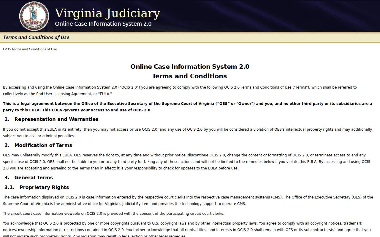 Virginia Online Case Information System search controls, shown without personal results