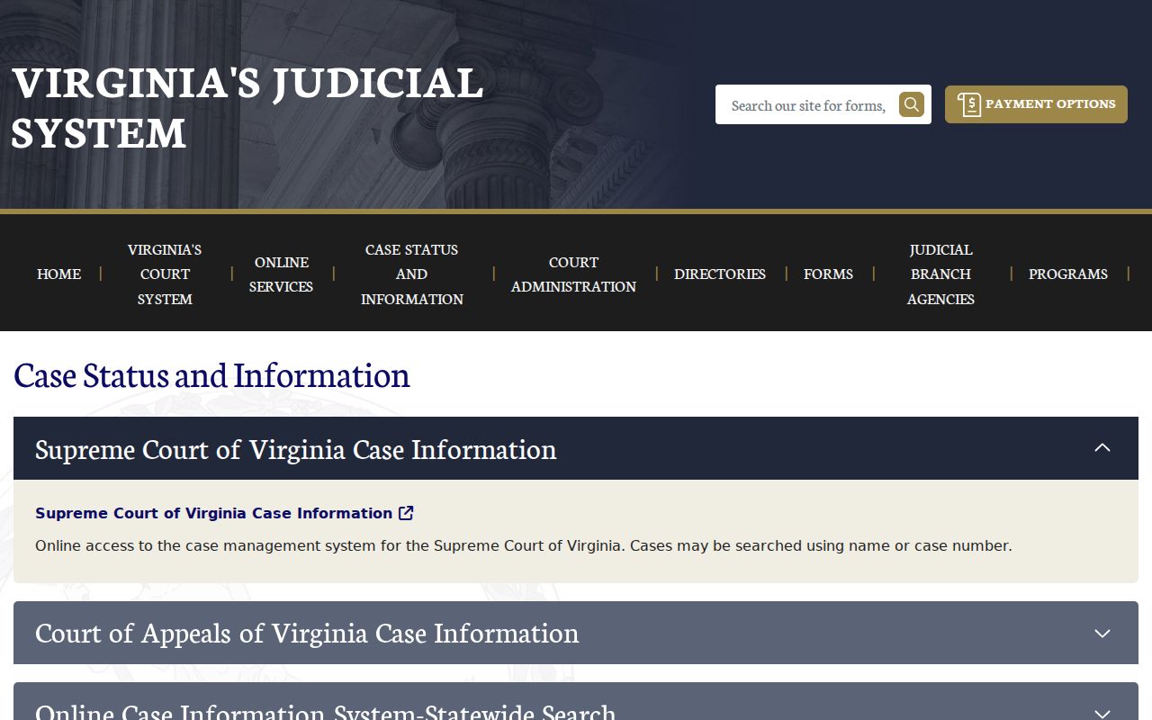 Virginia court case-information landing page with statewide search options