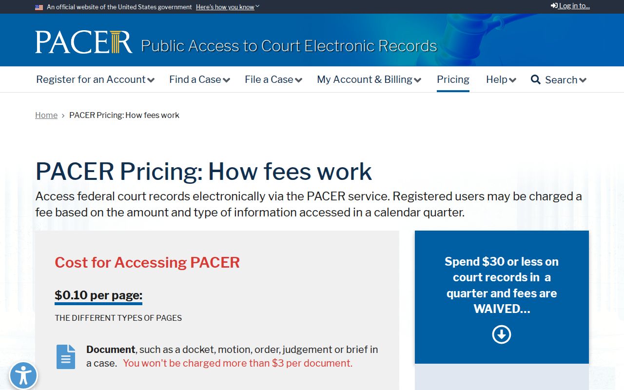 PACER official pricing and search information