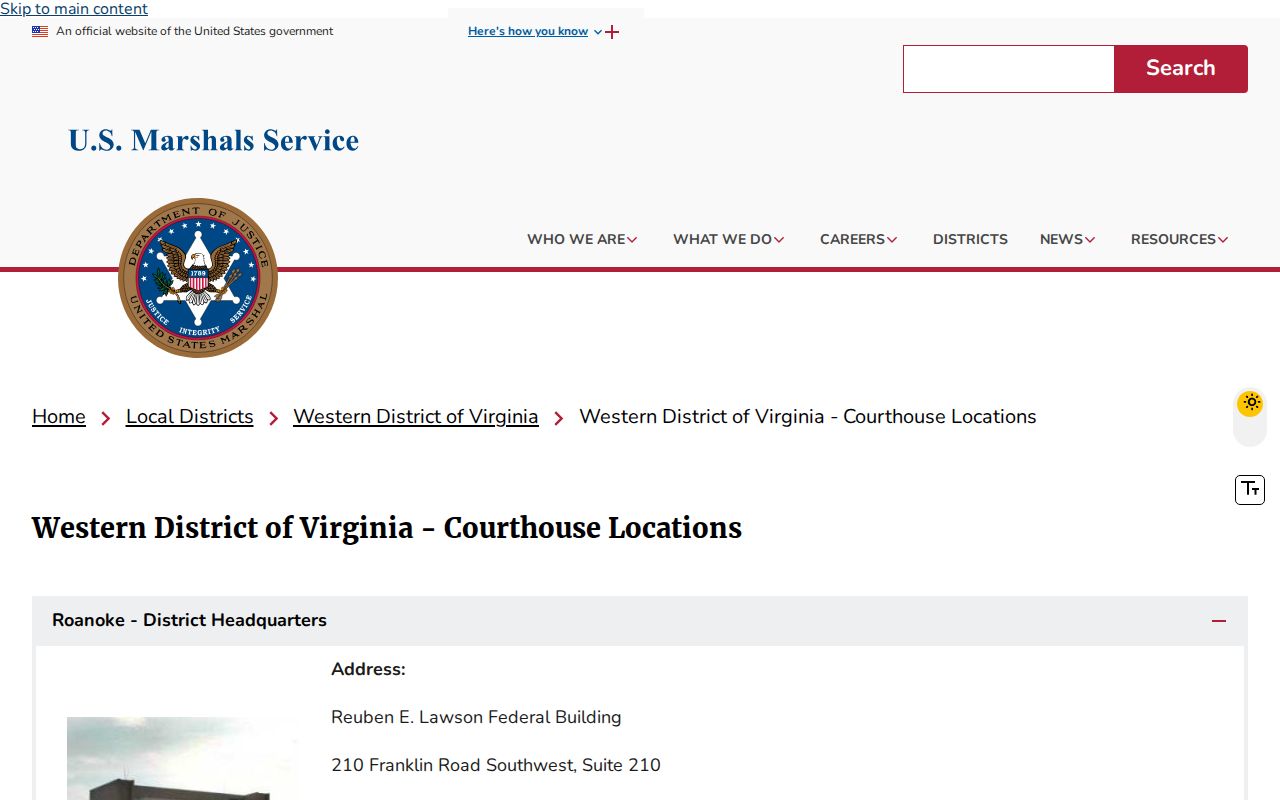 U.S. Marshals Western District courthouse locations and office information