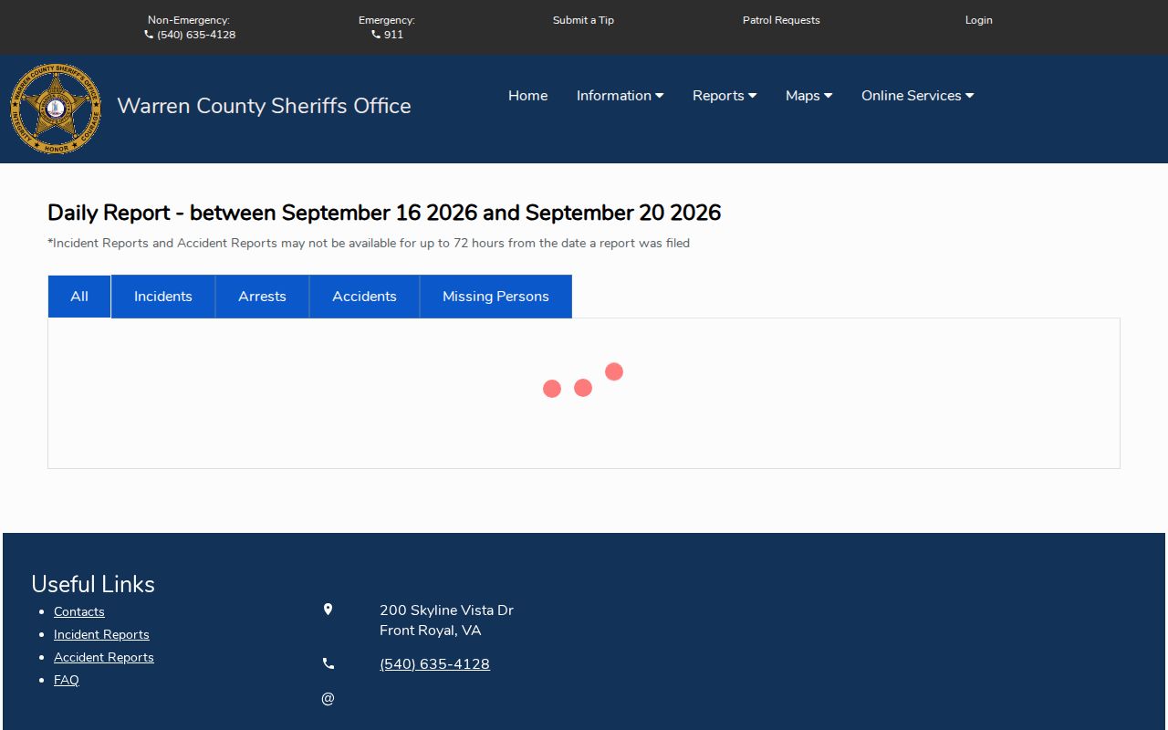 Warren County Daily Report filter controls for incidents, arrests, and other report types