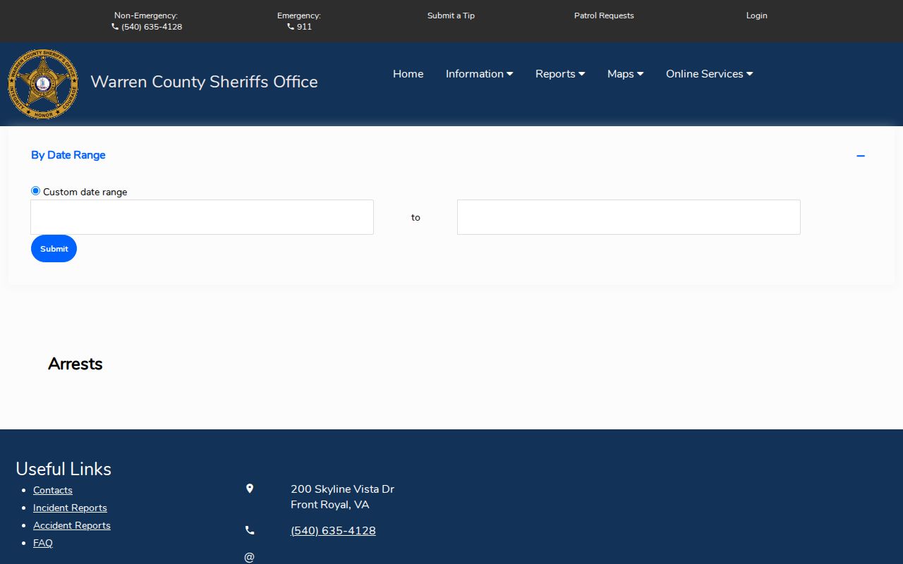 Warren County Arrest Search date-range controls