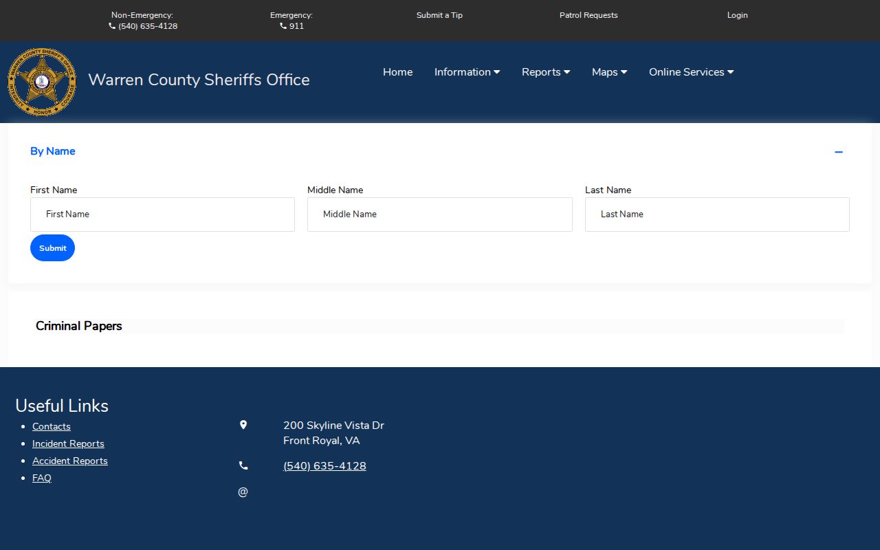 Warren County Citizen Connect Criminal Papers Search with first, middle, and last name controls